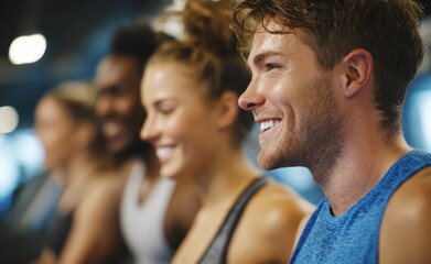 Fototapeta premium A group of individuals at a modern gym is focused on improving their fitness by engaging in intense treadmill workouts, displaying determination and effort.