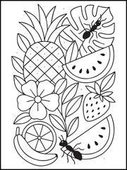 Summer Coloring Page for Kids and Adults. Printable Line Art with Butterfly, fruits for Fun and Learning for children. Stress Relief and Relaxation Coloring Pages for Adults.