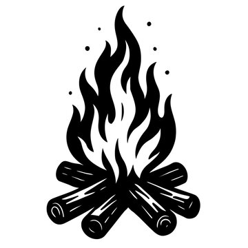Classic black and white vector graphic of a rustic campfire with crackling flames and logs. Ideal for themes of outdoor adventure, camping, warmth, nature, and relaxation.
