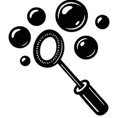 Playful black and white vector graphic of a bubble wand creating floating bubbles. Perfect for themes of childhood, joy, lightness, and leisure activities.