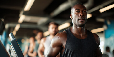 A group of individuals at a modern gym is focused on improving their fitness by engaging in intense treadmill workouts, displaying determination and effort.