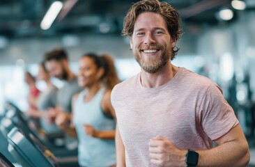 Fototapeta premium A group of individuals at a modern gym is focused on improving their fitness by engaging in intense treadmill workouts, displaying determination and effort.