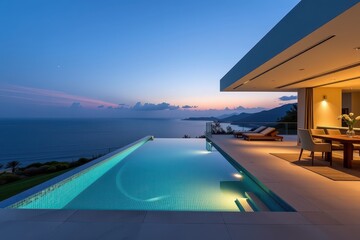Fototapeta premium Modern villa with infinity pool overlooking serene ocean at sunset.