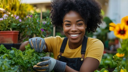 Woman working at garden or farm stand.