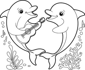 Two dolphins playing guitar underwater ocean scene coloring page