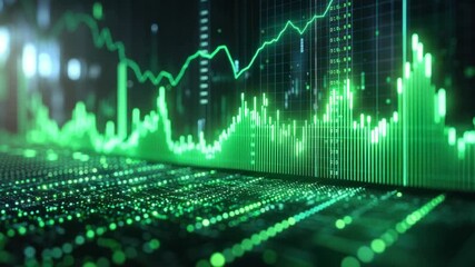 Abstract financial data visualization.  Bright green stock market graphs on a dark background with glowing data points - Powered by Adobe