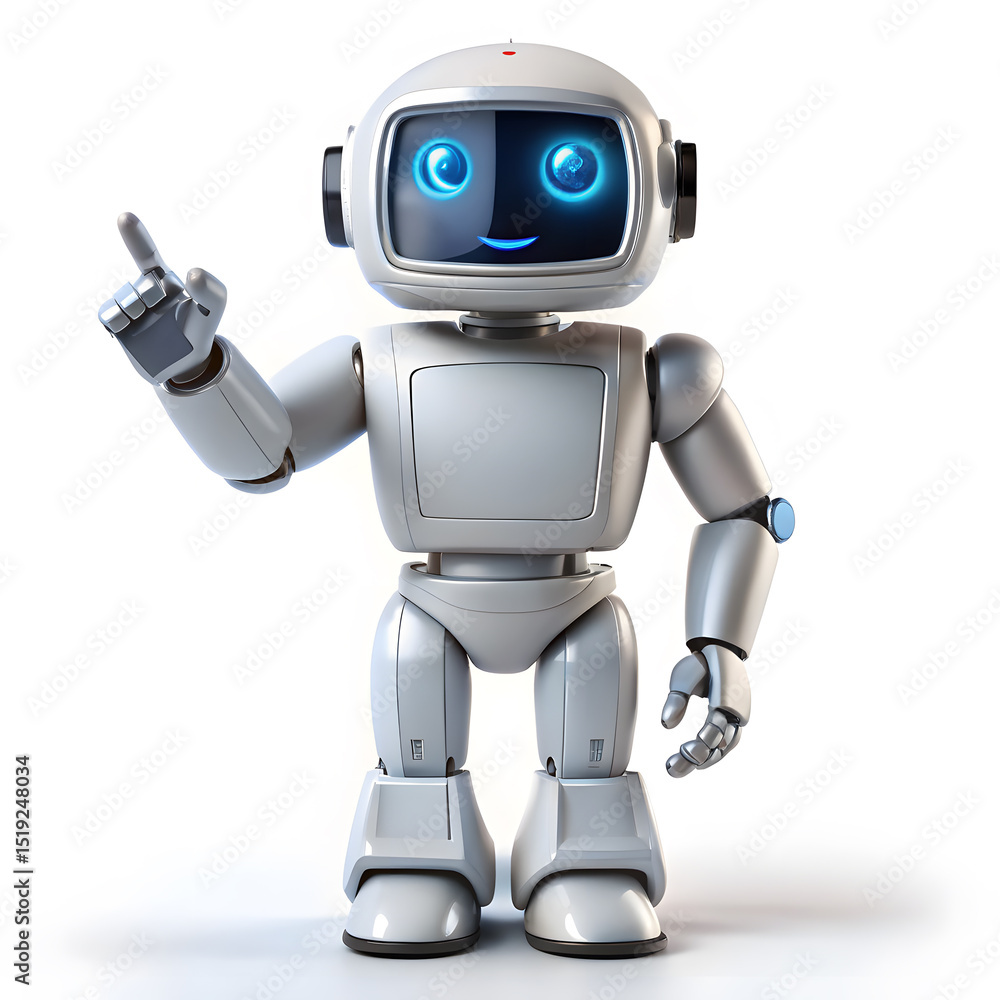 Poster friendly white robot character pointing upwards presenting information technology