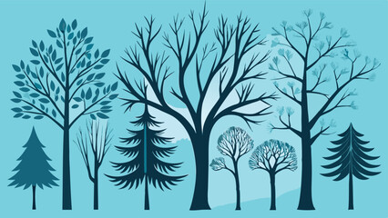 Stylized Blue Forest Illustration Featuring Various Tree Types and Bare Branches