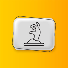 Black Zombie hand icon isolated on yellow background. Arm monster dead. Happy Halloween party. Silver rectangle button. Vector
