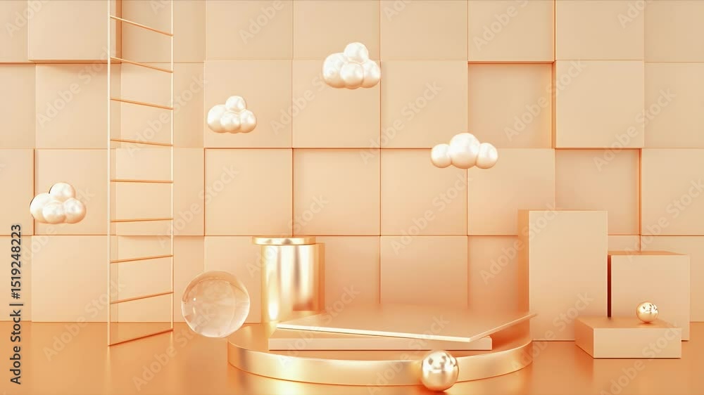 Aufkleber 金色の梯子と雲のある抽象的な3Dレンダリングシーンの背景 金色の幾何学的な形状と立方体の壁の背景にミニマリストの製品表示プラットフォーム
