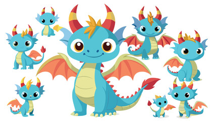 Obraz premium Collection of Cute Cartoon Dragons with Wings and Horns on a White Background