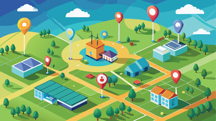 Fototapeta premium Isometric Map of a Sustainable City with Renewable Energy and Green Spaces