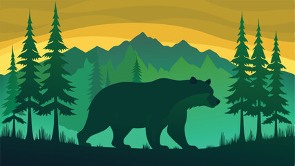 Silhouette of a Bear Walking Through a Forest Landscape at Sunset