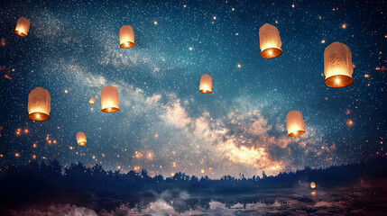 Fototapeta premium Glowing Lanterns Against Starry Night Sky