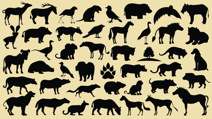 Silhouetted Wildlife A Diverse Collection of Animal Shapes on a Beige Background