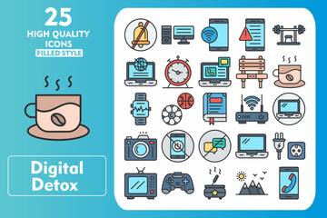 Digital Detox Line Filled Icon Set. Incleded Icons No Alarm, Sport, Laptop, Unplug, Television, Console, Incense, Mountain, Mobile Phone. Vector Icons Collection