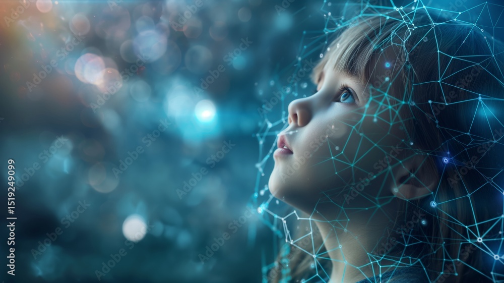 Poster exploring the future of ai and cloud storage with a curious child in a connected world
