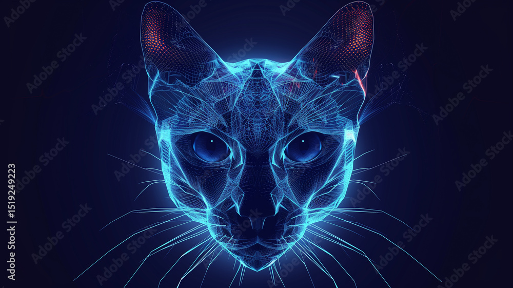 Poster this holographic cat glows in soft neon light, displaying advanced digital design.