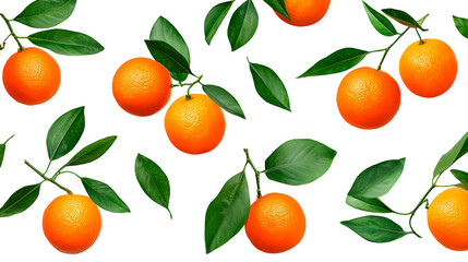 Fresh oranges and green leaves pattern on transparent background, PNG
