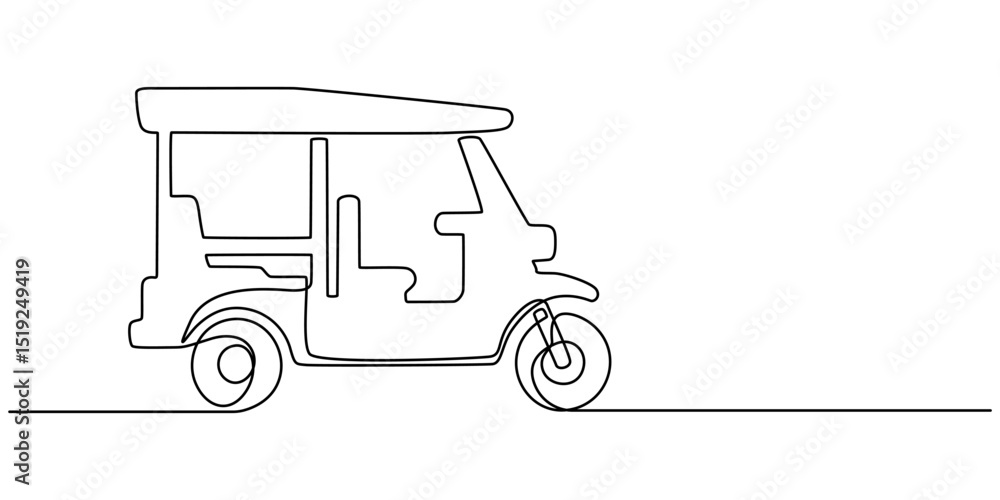 Poster Tuk Tuk One Line Drawing. Simple vector sketch of a classic Bajaj vehicle, Continuous one line drawing of asian three-wheeled motor vehicle. Auto rikshaw outline illustration. Editable vector, Ricksha