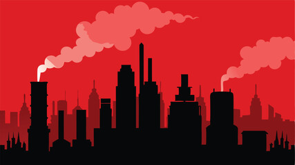 Silhouette of a Cityscape with Factories Emitting Smoke Against a Red Sky