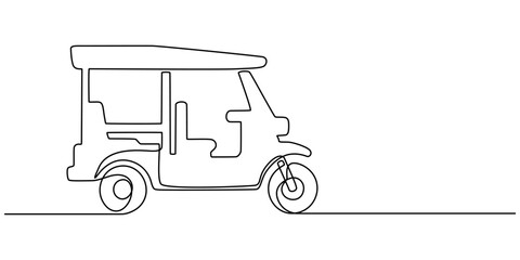 Tuk Tuk One Line Drawing. Simple vector sketch of a classic Bajaj vehicle, Continuous one line drawing of asian three-wheeled motor vehicle. Auto rikshaw outline illustration. Editable vector, Ricksha