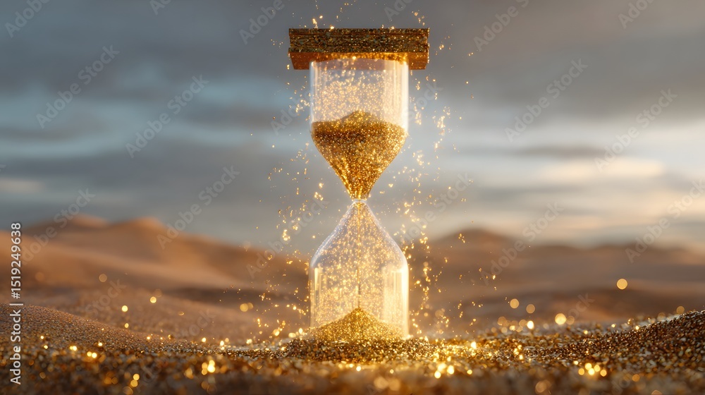 Poster a massive ethereal hourglass stands in a vast desert landscape its golden sands glowing and drifting