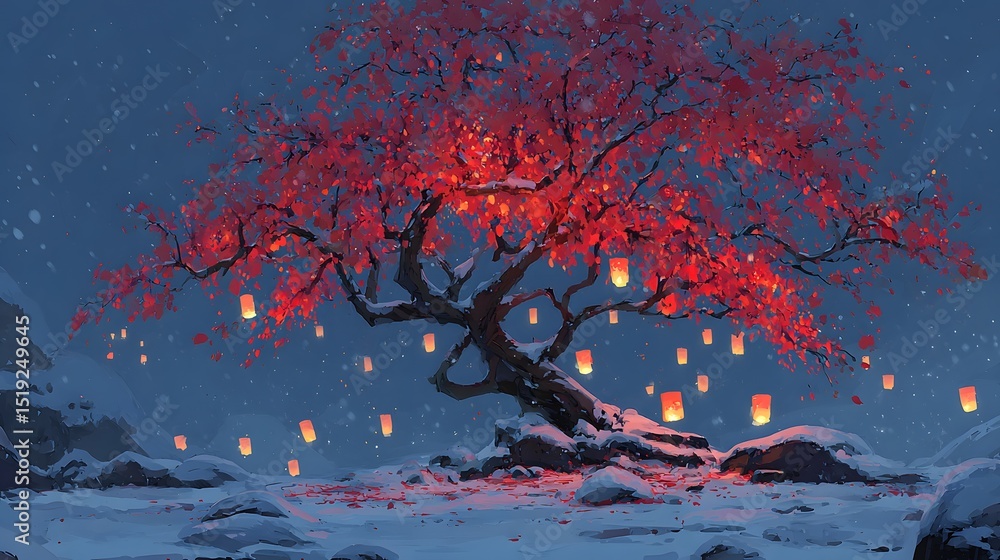 Poster A beautiful serene winter landscape featuring a snow covered tree with vibrant red leaves and floating lanterns illuminating the twilight sky creating a captivating and ethereal atmosphere