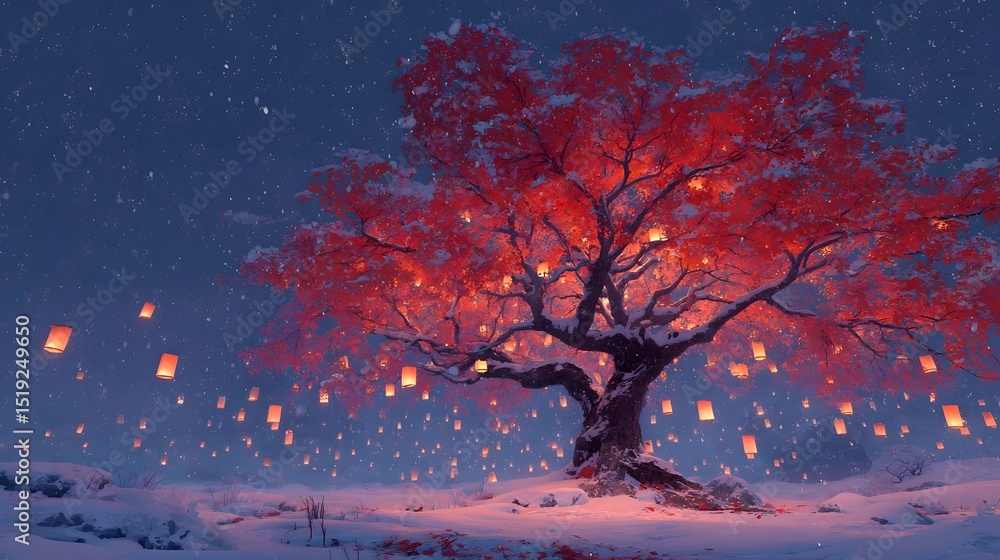 Poster A snow covered tree with vibrant red leaves its branches illuminated by the warm glow of floating lanterns against a tranquil twilight sky filled with twinkling stars