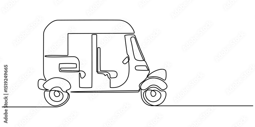 Poster Tuk Tuk One Line Drawing. Simple vector sketch of a classic Bajaj vehicle, Continuous one line drawing of asian three-wheeled motor vehicle. Auto rikshaw outline illustration. Editable vector, Ricksha