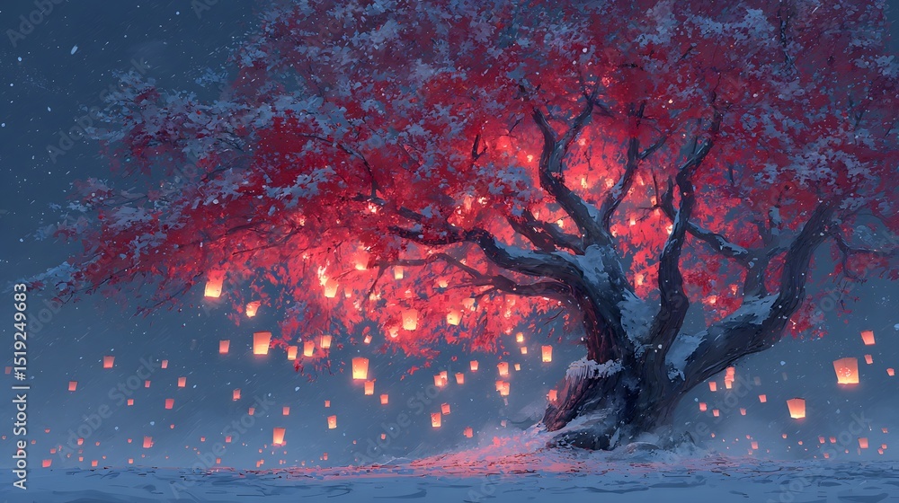 Poster A snow covered tree with vibrant glowing red leaves stands amidst a peaceful night scene surrounded by a multitude of floating lanterns under a serene twilight sky