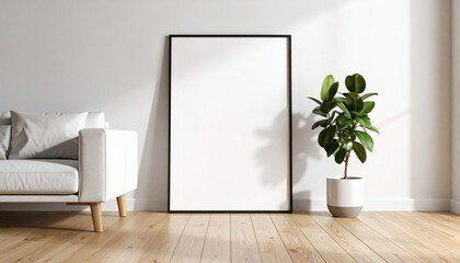 Poster frame mockup standing on wooden floor in living room with natural shadow for interior design and home decor presentation