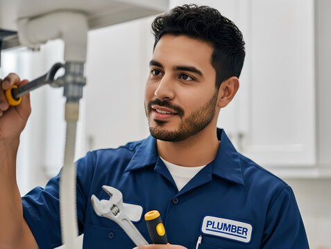 Man plumber repair household pipe. Maintenance and repair service in plumbing. Wrench fix to leaking pipes
