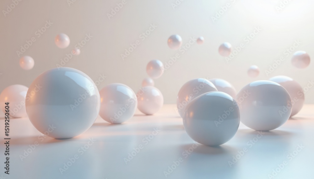 Poster glossy white spheres floating and resting against a gradient background in a studio setting.