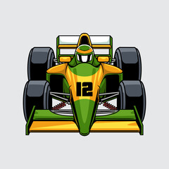 Hyperspeed race car with bold green and yellow accents, large tires, and number 12 with driver wearing helmet front view cartoon illustration isolated on a light background