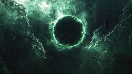 Abstract Deep Space Travel Scene with Green Nebula Portal and Spaceship space nebula portal green ai