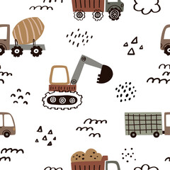 Seamless vector pattern with whimsical hand-drawn cars in soft neutral tones. Perfect for baby clothes, nursery decor, textiles, packaging, and kids’ projects. Includes EPS file.