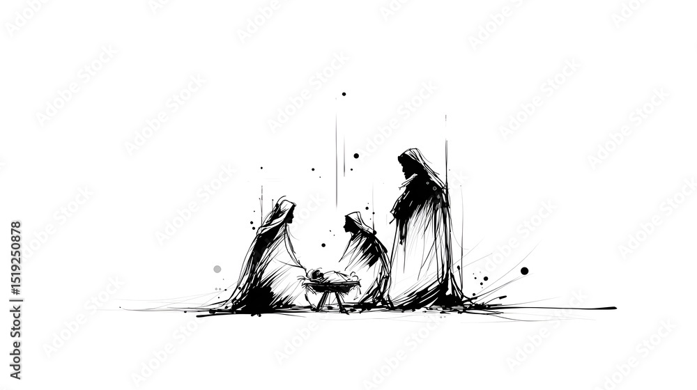 Aufkleber a simple yet evocative nativity scene depicted in a striking silhouette style with delicate line art
