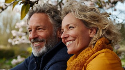 Two people smiling at camera, posing for a portrait near blooming tree.