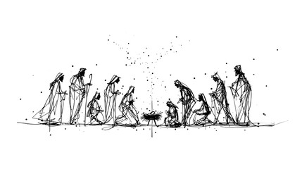 A simple elegant nativity scene depicted in a minimalist silhouette line art style with figures of the holy family and other characters rendered in delicate divine light against a white background