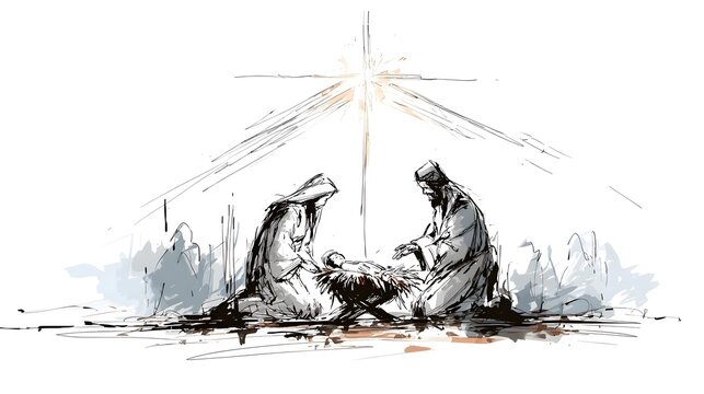 A simple elegant nativity scene depicted in a minimalist line art silhouette style with a gentle divine light illuminating the sacred moment