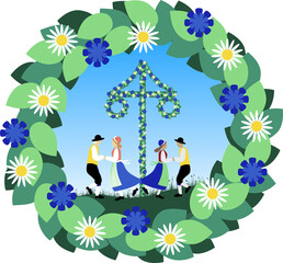 Swedish midsummer. Dancing couples in traditional Swedish folklore costume. A wreath with flowers.