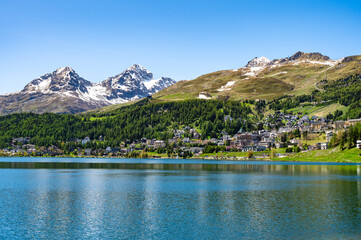 The village and lake of St. Moritz in spring. Engadine, Switzerland.