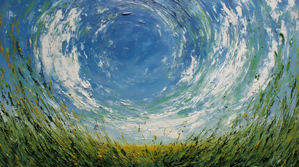 background for poetic narrative | obsessive motion | fragile hope | emerald and gold | asymmetric rhythm | wind-blown grass | circular sky motion | bold impasto | rural isolation | expressionist