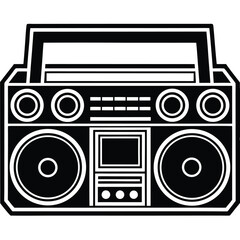 A vintage retro radio cassette player with an audio cassette tape for music and sound, often seen as a boombox or car stereo, is an isolated old technology object with vector icons and buttons