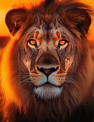 Close-up of a lion’s intense golden eyes reflecting the savannah at sunset, ultra-detailed, 8K 