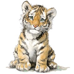 Obraz premium Adorable tiger cub with big eyes sitting in a whimsical watercolor painting against a white background