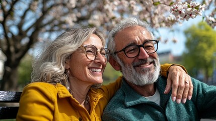 Fototapeta premium This image features an elderly couple sharing a moment of happiness together, enjoying the springtime with trees blooming and birds flying.