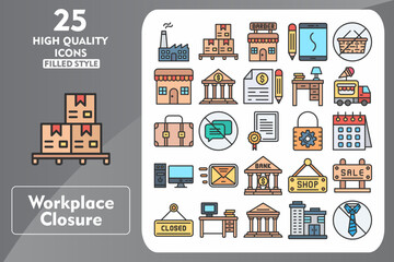 Workplace Closure Line Filled Icon Set. Incleded Icons Factory, No Chat, Shop Sign, Sale Sign, Closed, Desk, Museum, Office Building. Vector Icons Collection