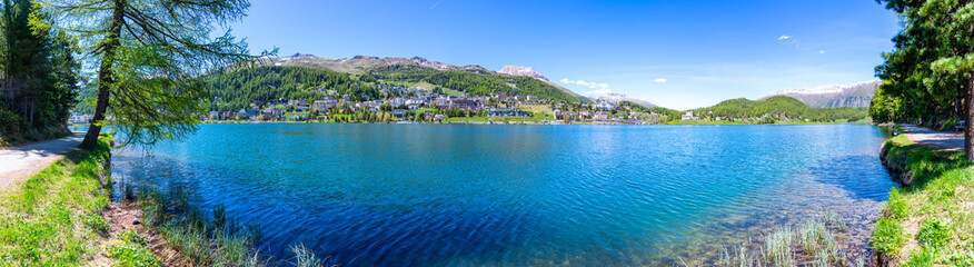 The village and lake of St. Moritz in spring. Engadine, Switzerland.